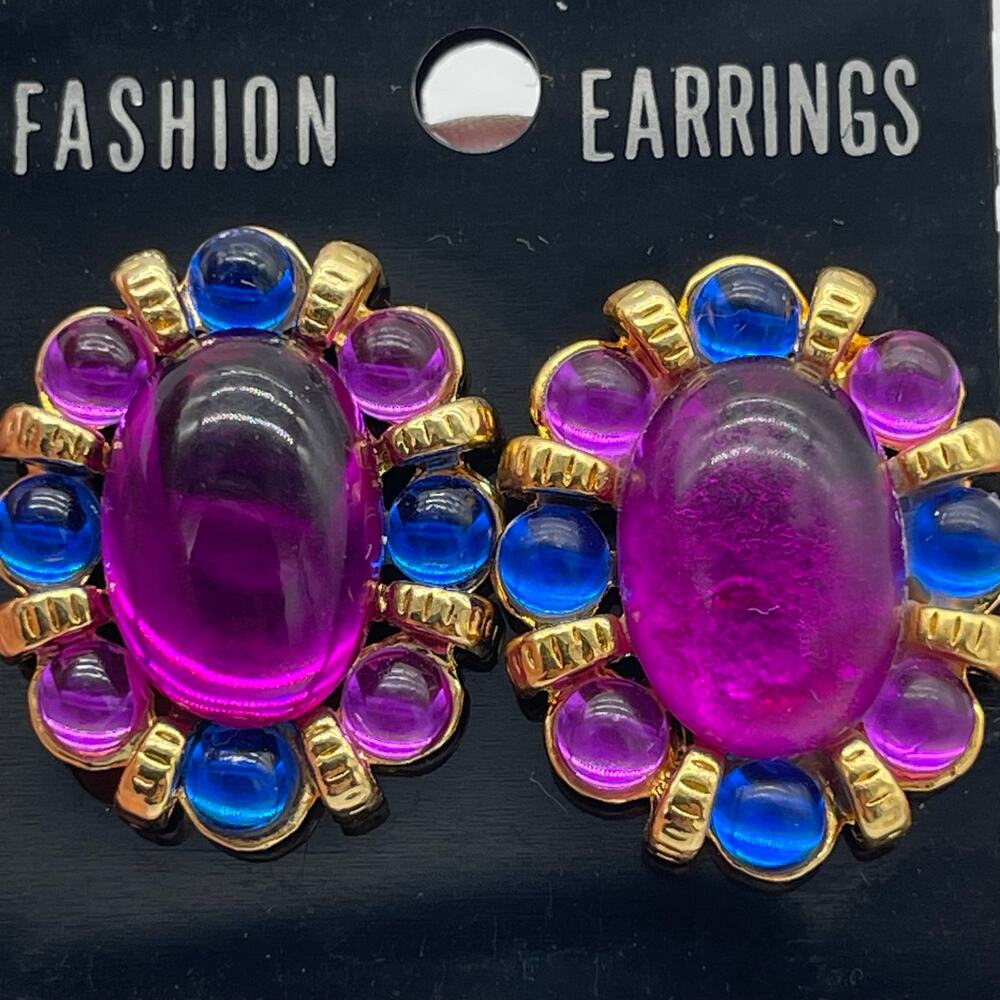 Vtg Gold Tone Earrings Large Purple Cabochons Smaller Blue and Pink Accents